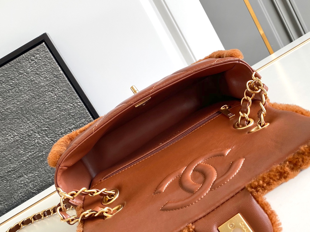 Bagsaaa Ch**el Flap Bag Shearling Brown AS5149 - 16 × 23.5 × 7.5 cm