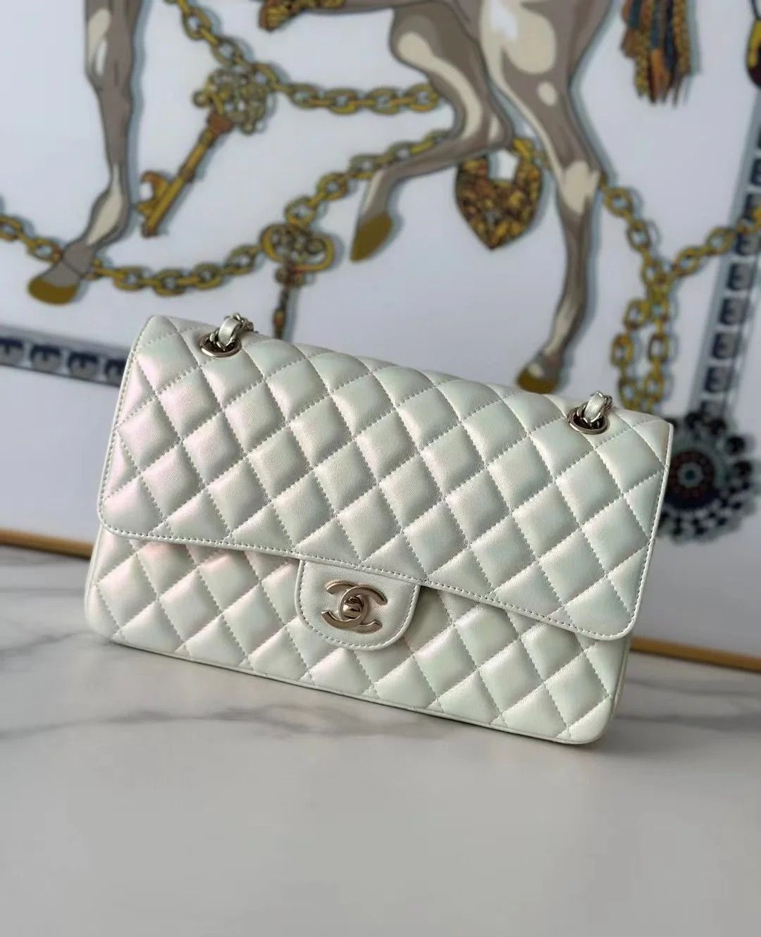 Bagsaaa Ch**el Flap Bag Iridescent White & Light Gold Hardware - 25cm