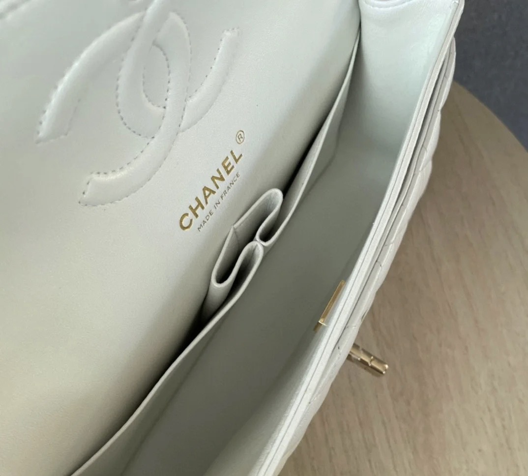 Bagsaaa Ch**el Flap Bag Iridescent White & Light Gold Hardware - 25cm
