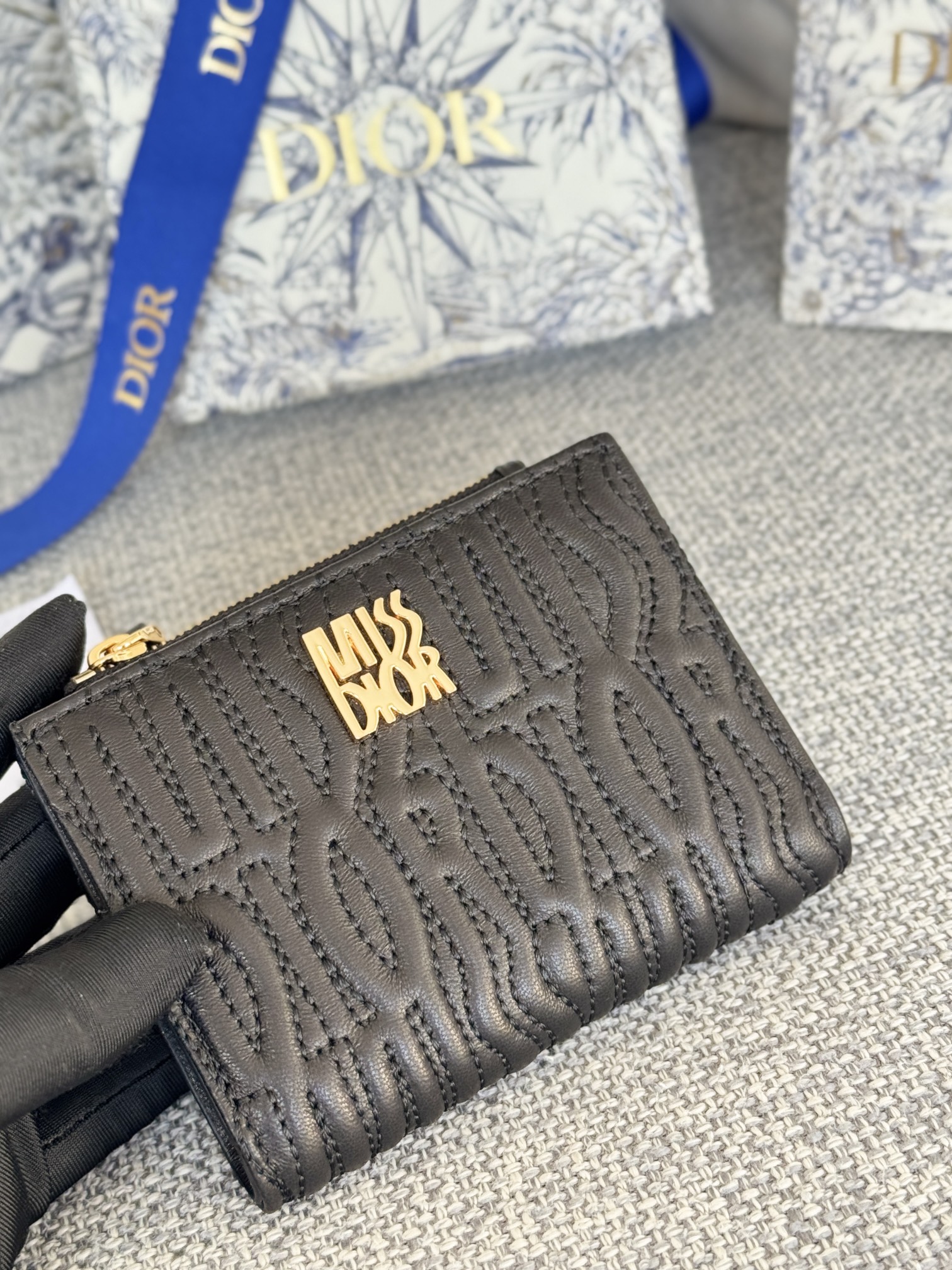 Bagsaaa Miss D10r Dahlia Wallet Black Lambskin with Quilted Miss D10r Allover Motif - 11.5 x 9 x 2 cm