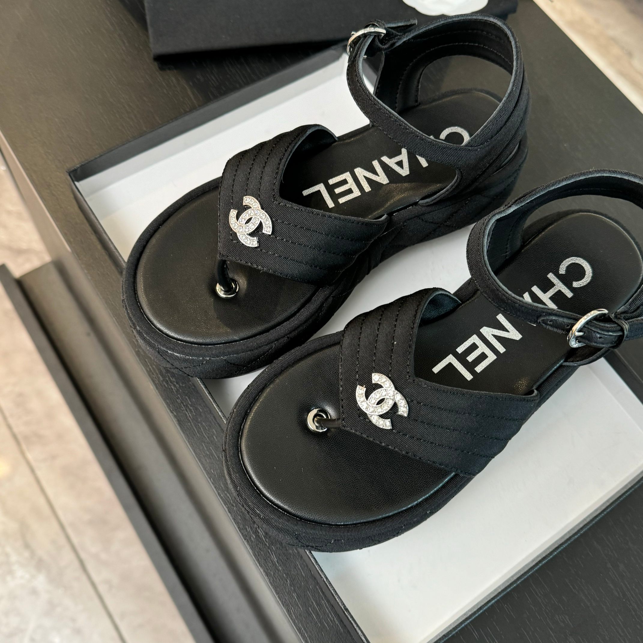 Bagsaaa Ch**el Sandals Black Grosgrain G46108