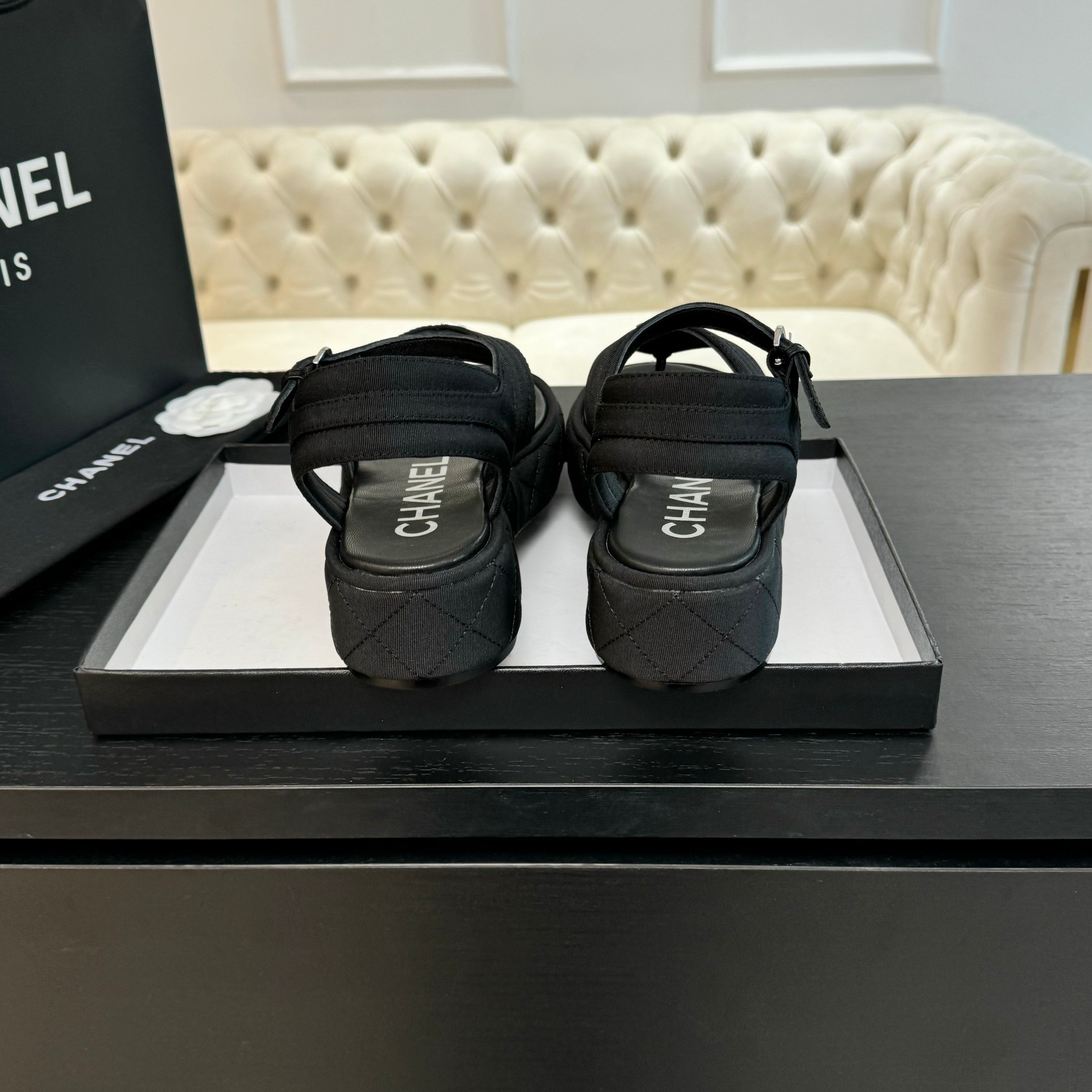 Bagsaaa Ch**el Sandals Black Grosgrain G46108