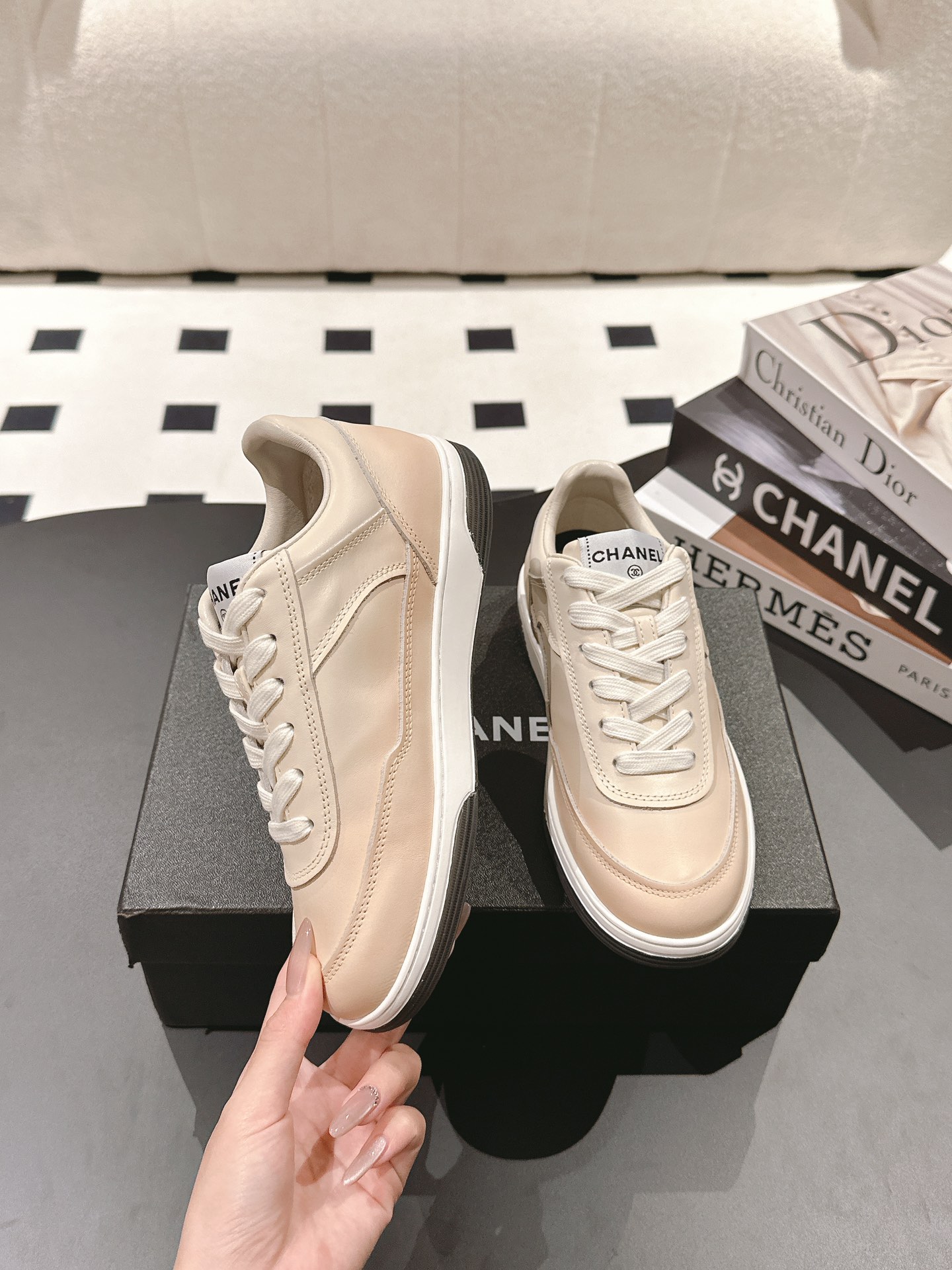 Bagsaaa Ch**el Sneakers Beige Printed Calfskin G46082