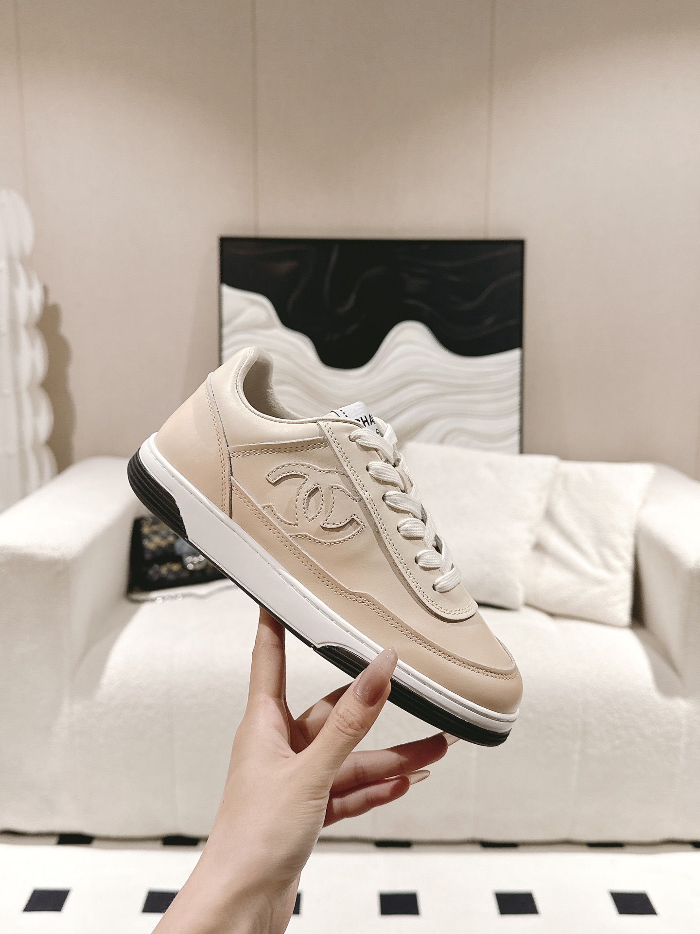 Bagsaaa Ch**el Sneakers Beige Printed Calfskin G46082