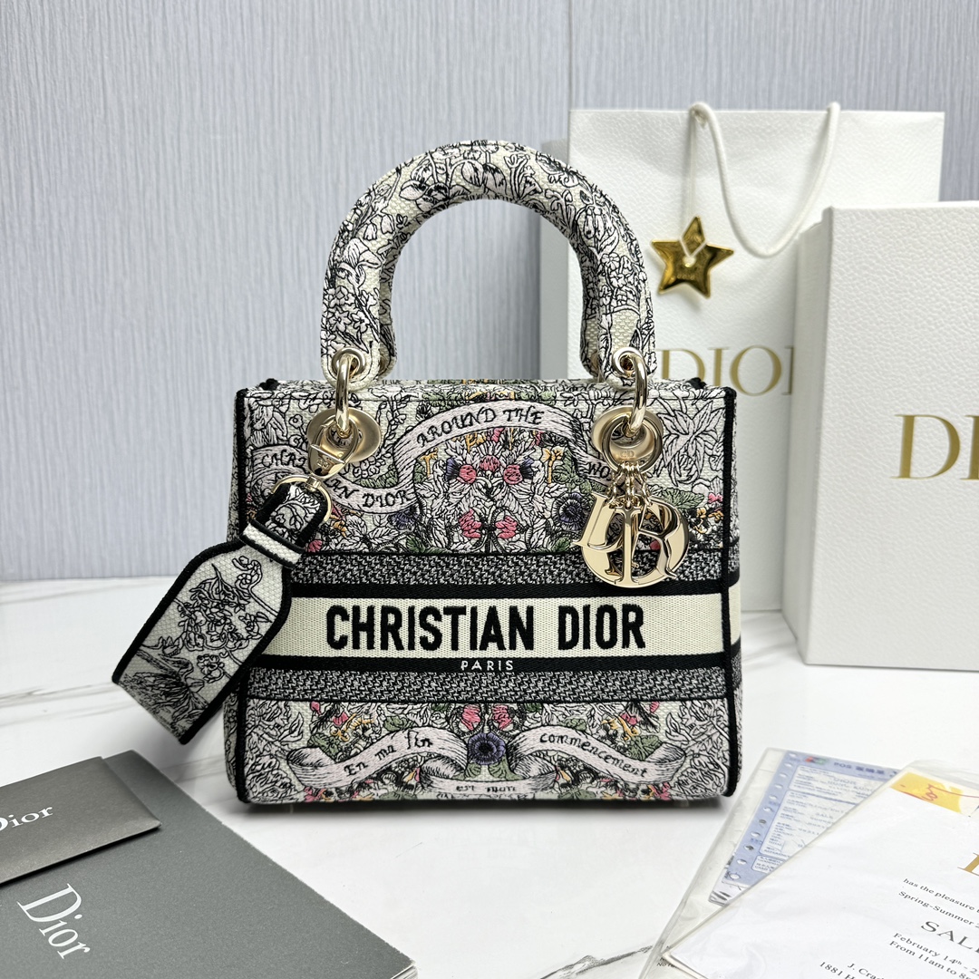 Bagsaaa D10r Medium Lady D-Lite Bag Latte Embroidery with Multicolor D10r Around the World Motif - 24 x 21 x 12 cm