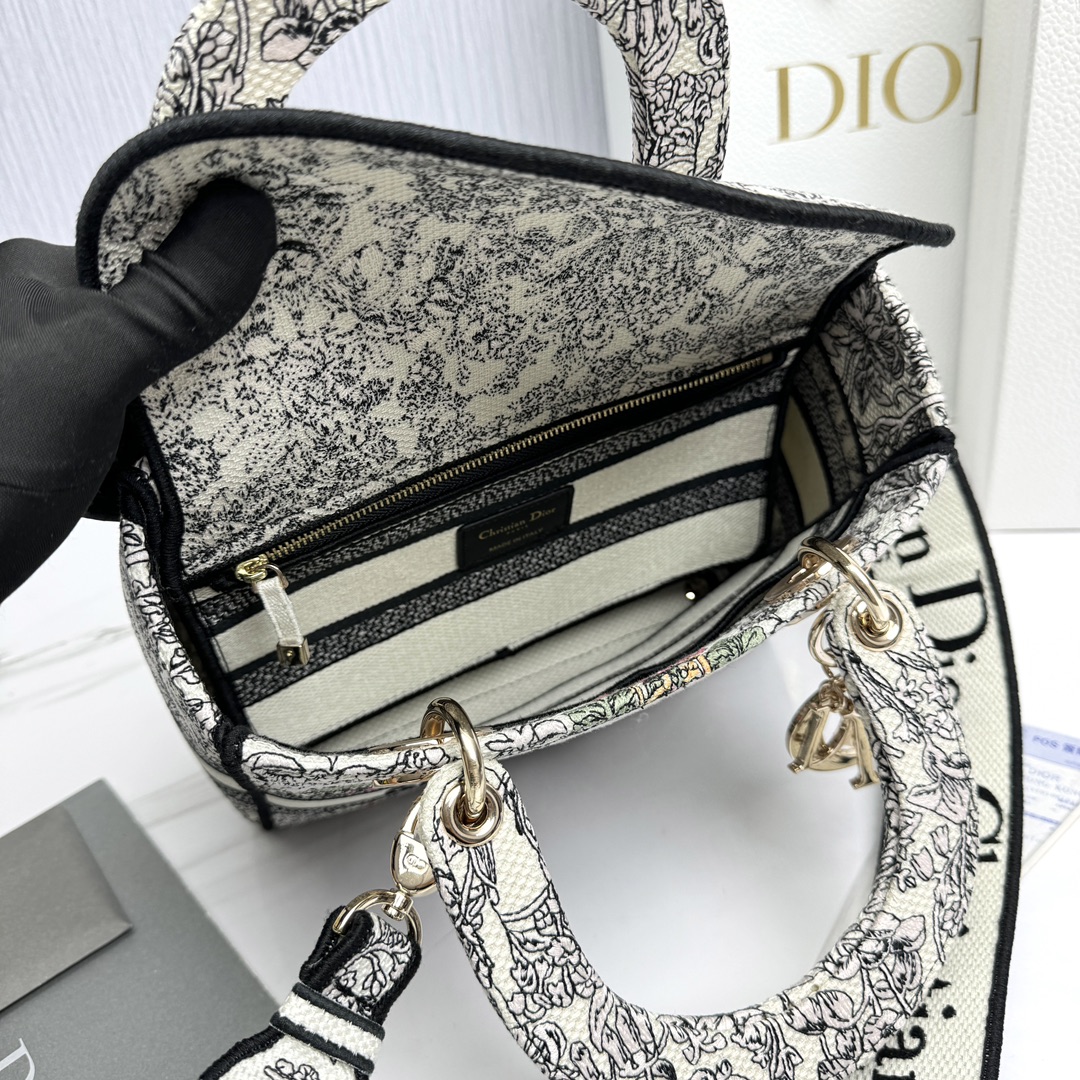 Bagsaaa D10r Medium Lady D-Lite Bag Latte Embroidery with Multicolor D10r Around the World Motif - 24 x 21 x 12 cm