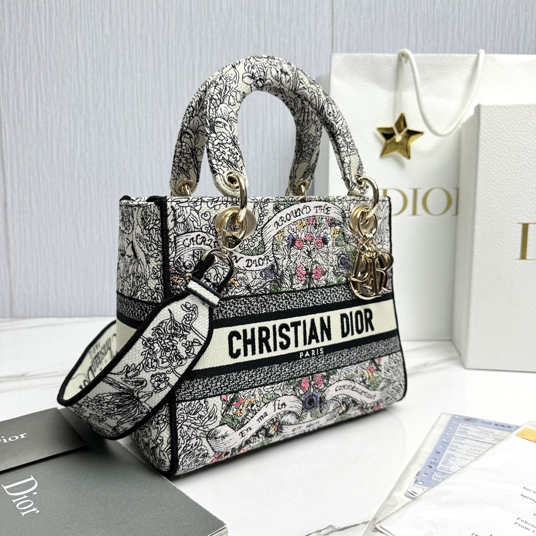 Bagsaaa D10r Medium Lady D-Lite Bag Latte Embroidery with Multicolor D10r Around the World Motif - 24 x 21 x 12 cm