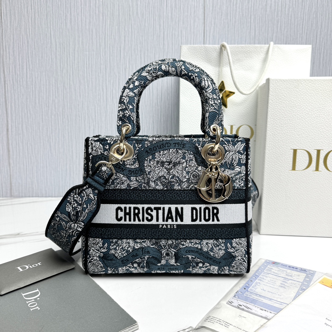 Bagsaaa D10r Medium Lady D-Lite Bag Latte Embroidery with Blue D10r Around the World Motif - 24 x 21 x 12 cm