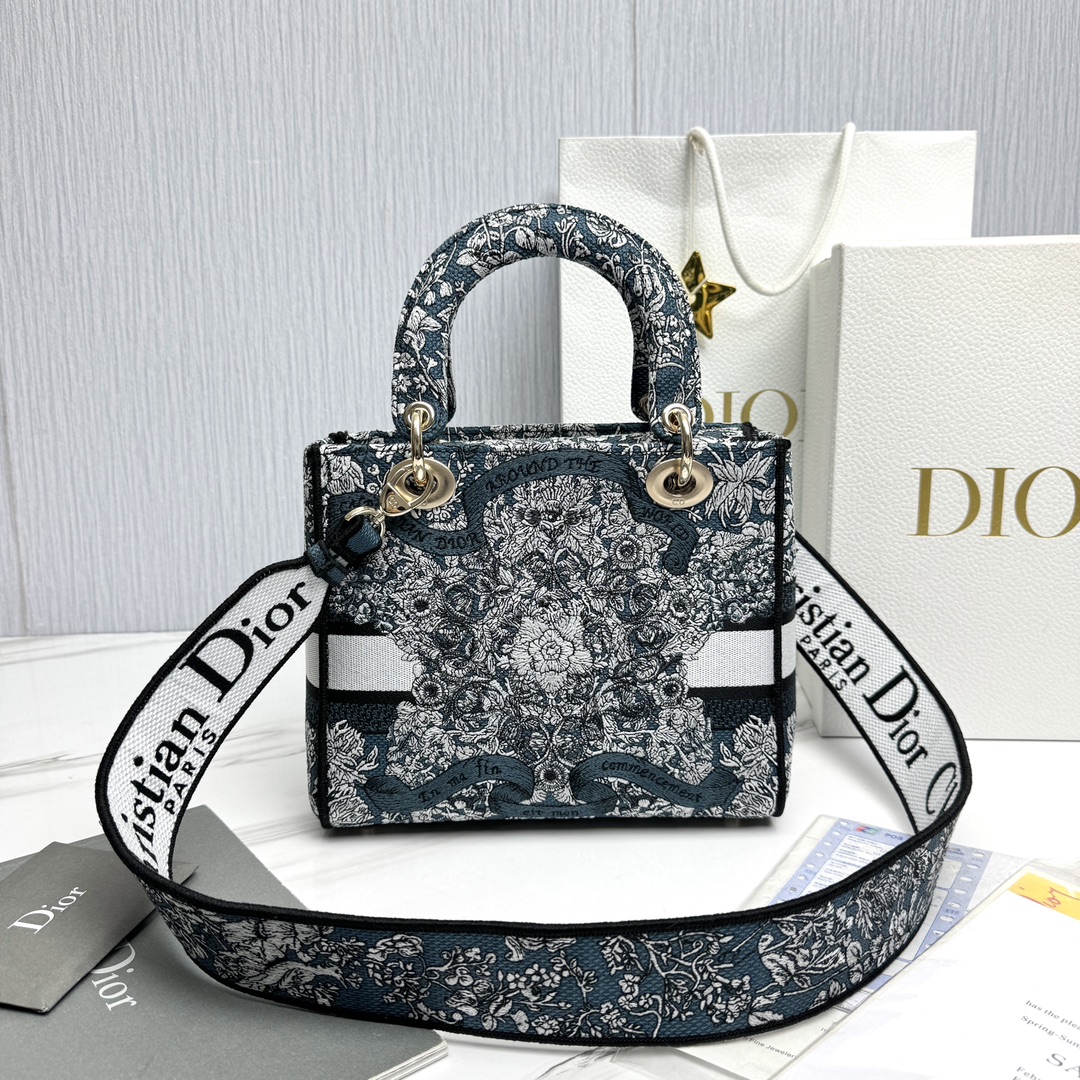 Bagsaaa D10r Medium Lady D-Lite Bag Latte Embroidery with Blue D10r Around the World Motif - 24 x 21 x 12 cm