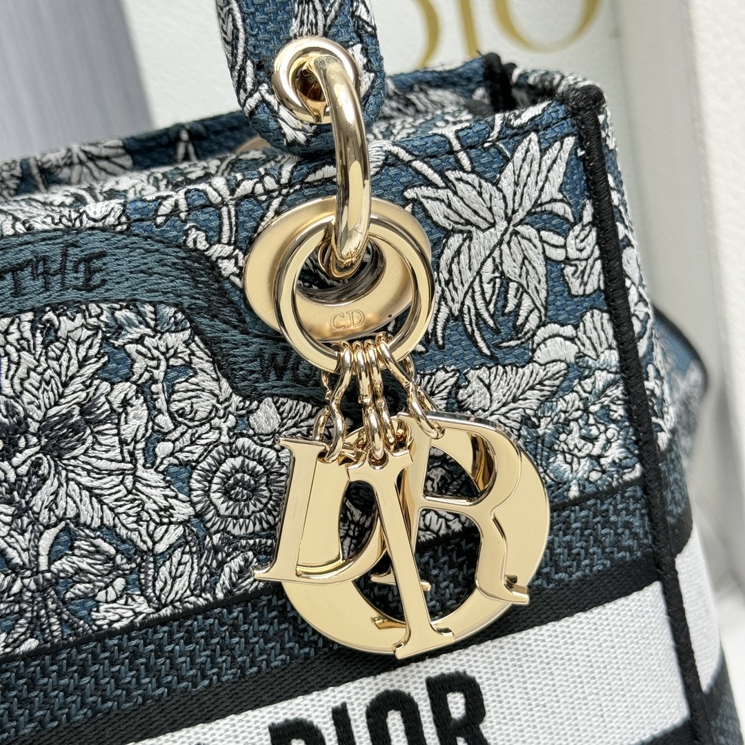 Bagsaaa D10r Medium Lady D-Lite Bag Latte Embroidery with Blue D10r Around the World Motif - 24 x 21 x 12 cm