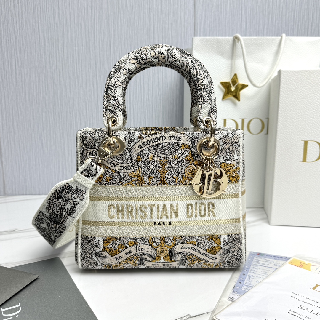 Bagsaaa D10r Medium Lady D-Lite Bag Latte Embroidery with Gold-Tone D10r Around the World Motif - 24 x 21 x 12 cm