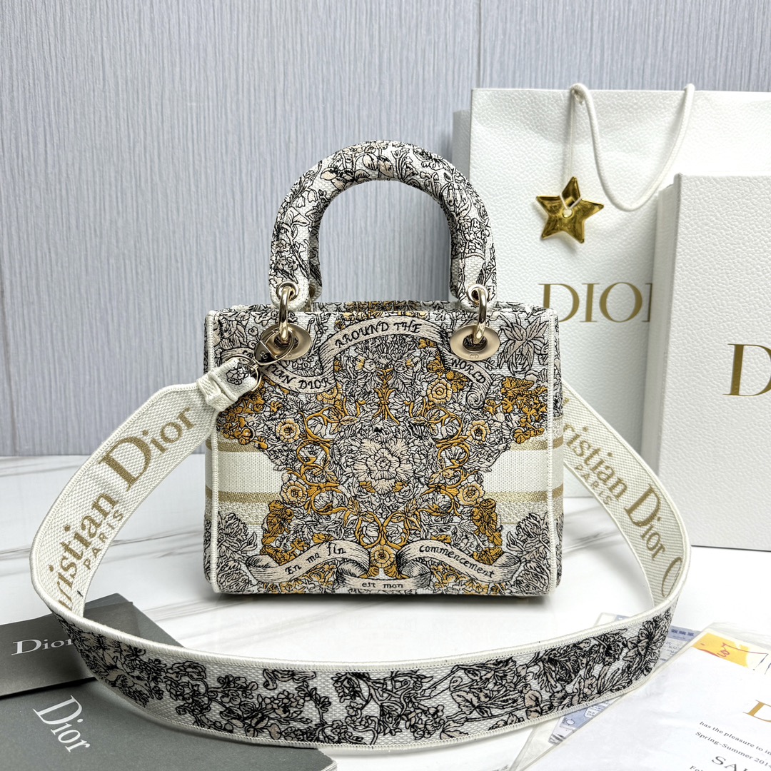 Bagsaaa D10r Medium Lady D-Lite Bag Latte Embroidery with Gold-Tone D10r Around the World Motif - 24 x 21 x 12 cm