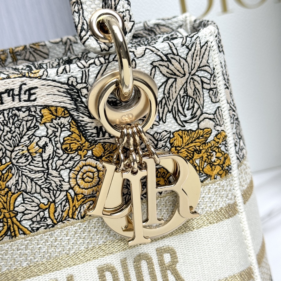 Bagsaaa D10r Medium Lady D-Lite Bag Latte Embroidery with Gold-Tone D10r Around the World Motif - 24 x 21 x 12 cm