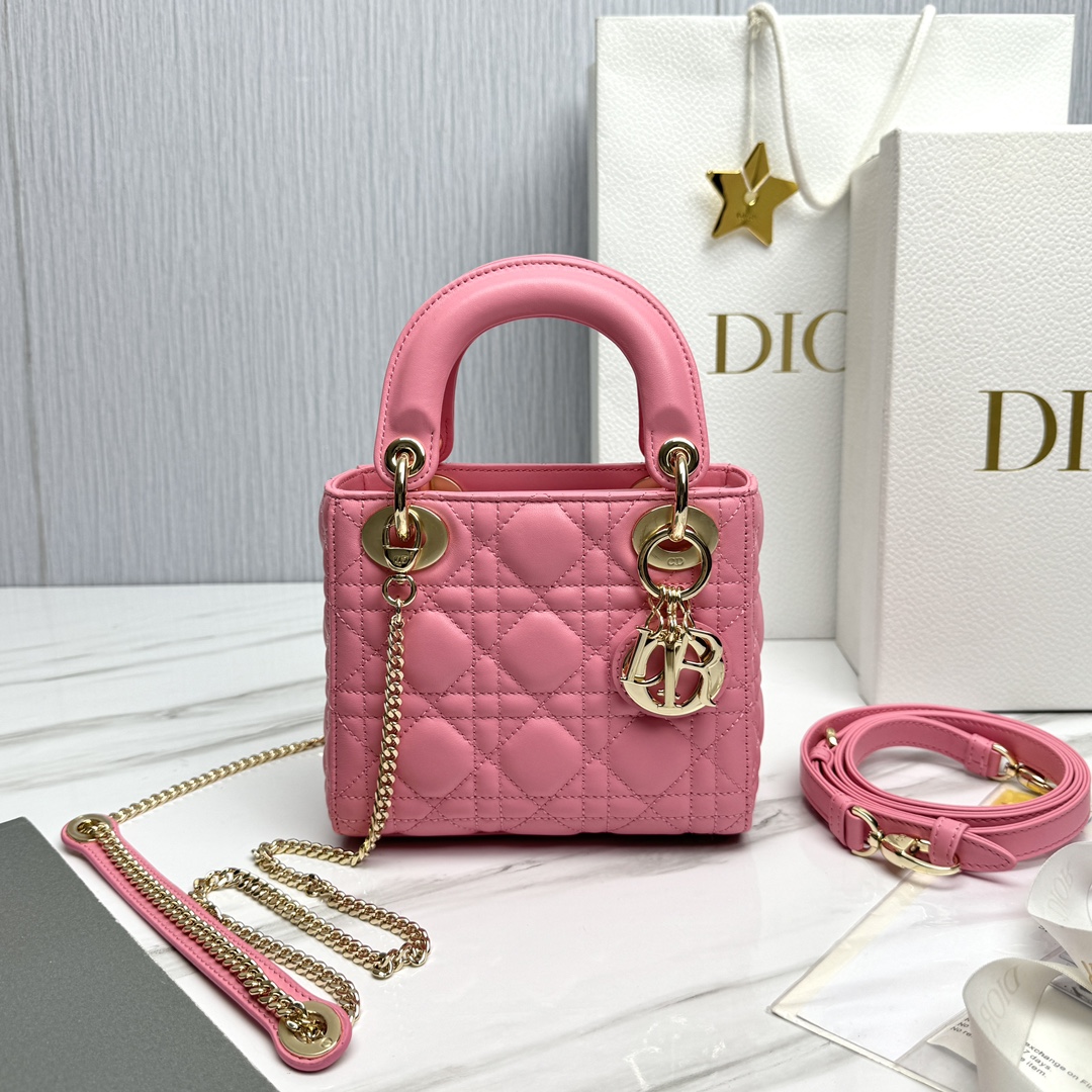 Bagsaaa Mini Lady D10r Bag Pink Cannage Lambskin - 17 x 15 x 7 cm