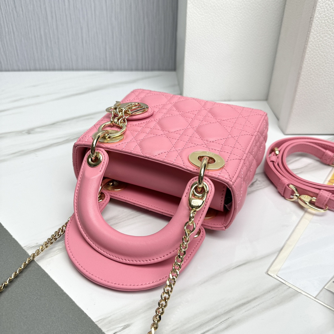 Bagsaaa Mini Lady D10r Bag Pink Cannage Lambskin - 17 x 15 x 7 cm