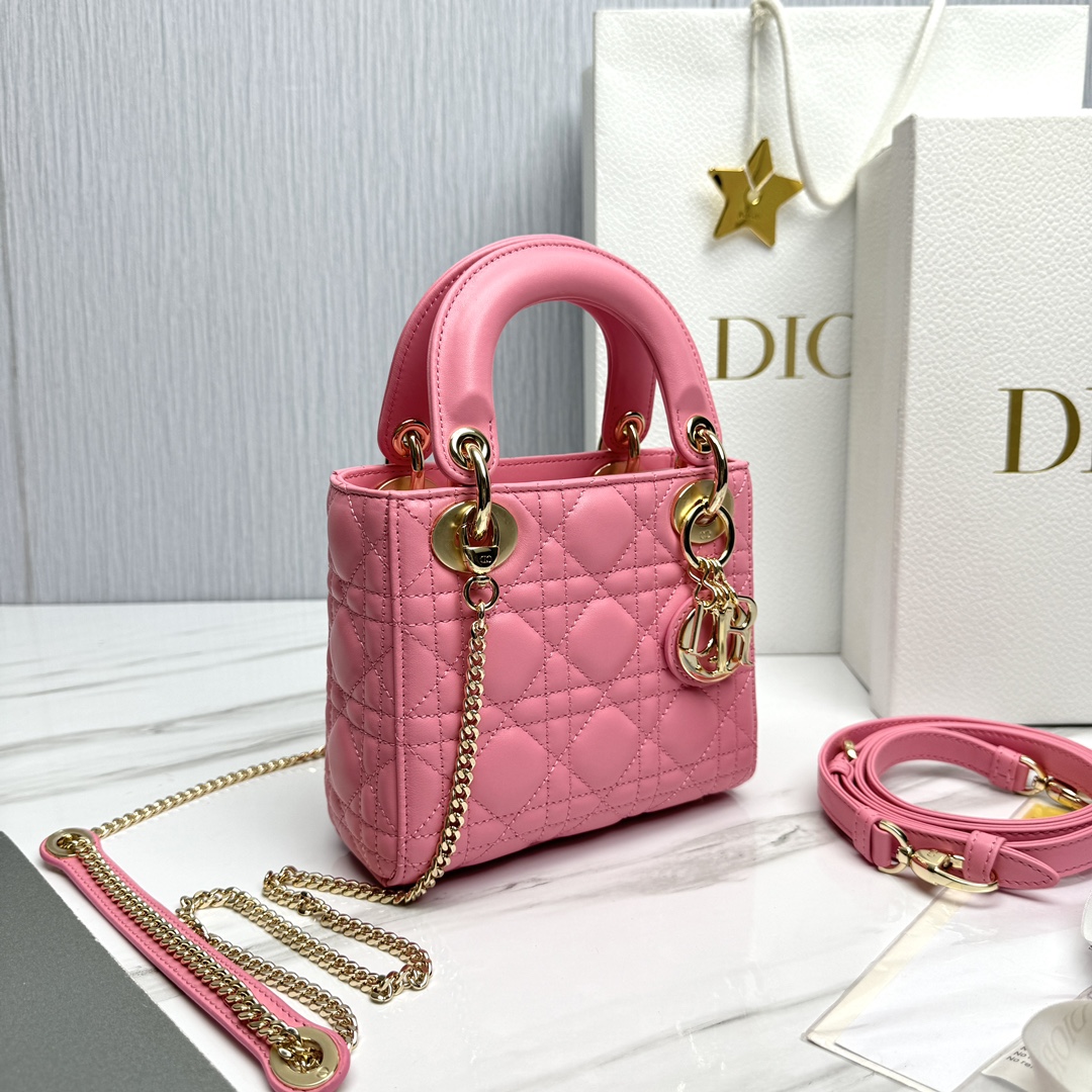 Bagsaaa Mini Lady D10r Bag Pink Cannage Lambskin - 17 x 15 x 7 cm