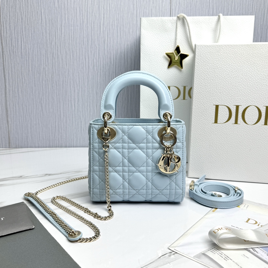 Bagsaaa Mini Lady D10r Bag Light Blue Cannage Lambskin - 17 x 15 x 7 cm
