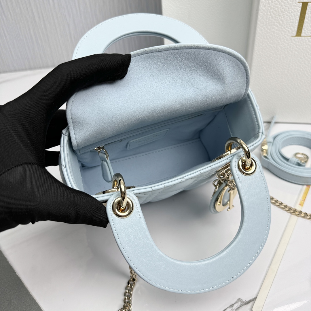 Bagsaaa Mini Lady D10r Bag Light Blue Cannage Lambskin - 17 x 15 x 7 cm