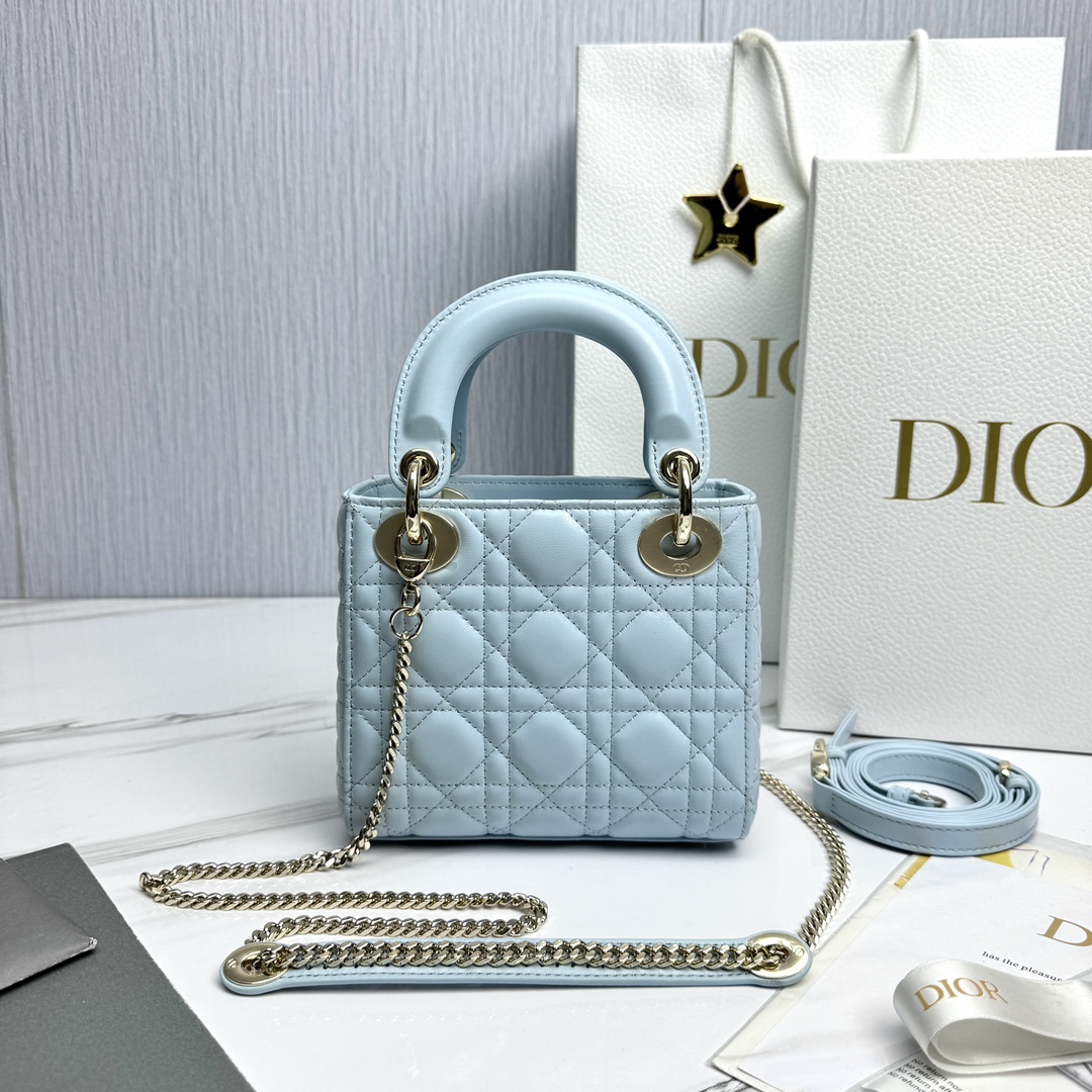 Bagsaaa Mini Lady D10r Bag Light Blue Cannage Lambskin - 17 x 15 x 7 cm