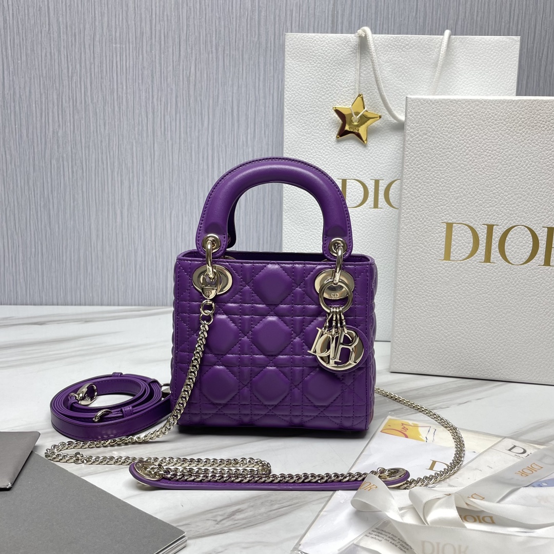 Bagsaaa Mini Lady D10r Bag Purple Cannage Lambskin - 17 x 15 x 7 cm