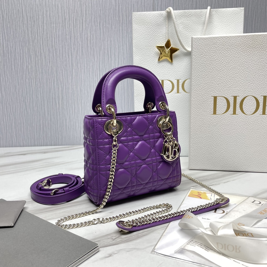Bagsaaa Mini Lady D10r Bag Purple Cannage Lambskin - 17 x 15 x 7 cm