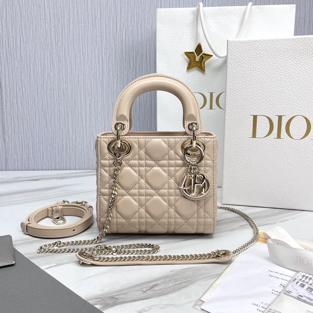Bagsaaa Mini Lady D10r Bag Powder Beige Cannage Lambskin - 17 x 15 x 7 cm