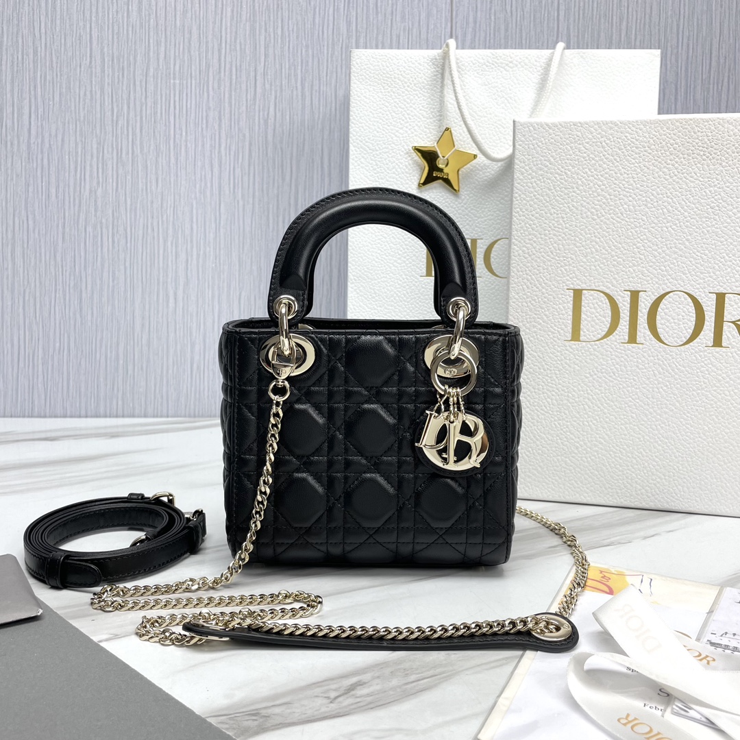 Bagsaaa Mini Lady D10r Bag Black Cannage Lambskin - 17 x 15 x 7 cm