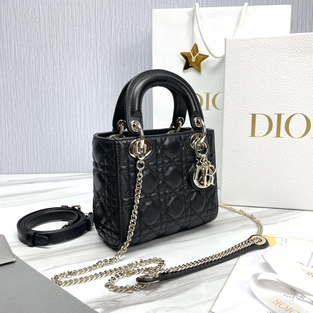 Bagsaaa Mini Lady D10r Bag Black Cannage Lambskin - 17 x 15 x 7 cm