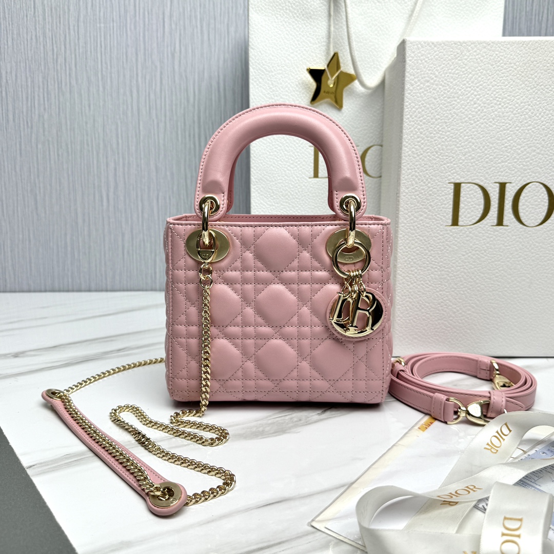 Bagsaaa Mini Lady D10r Bag Light Pink Cannage Lambskin - 17 x 15 x 7 cm