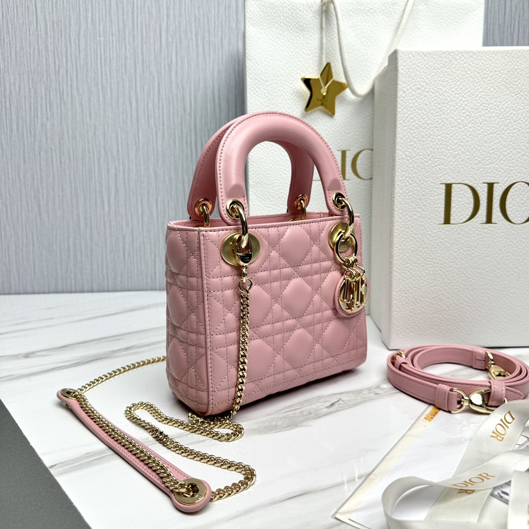 Bagsaaa Mini Lady D10r Bag Light Pink Cannage Lambskin - 17 x 15 x 7 cm