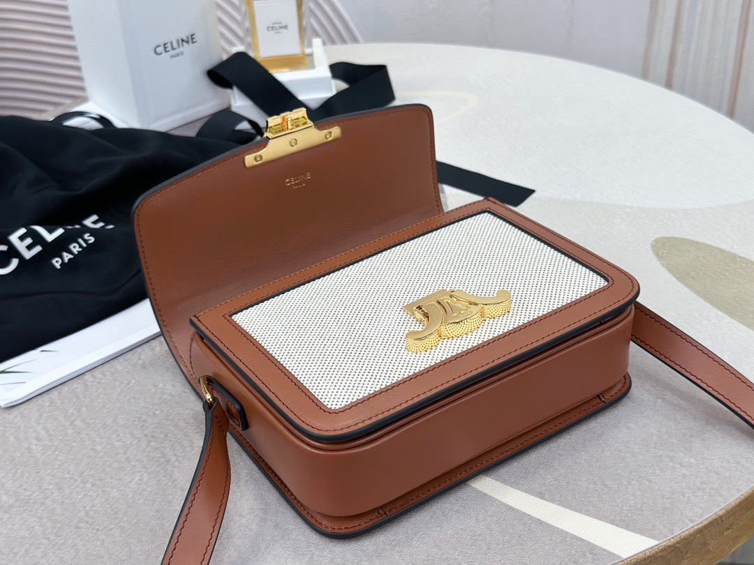 Bagsaaa Ce1i*e Teen Triomphe in Natural Textile and Tan Calfskin - 18.5 x 13.5 x 7 CM