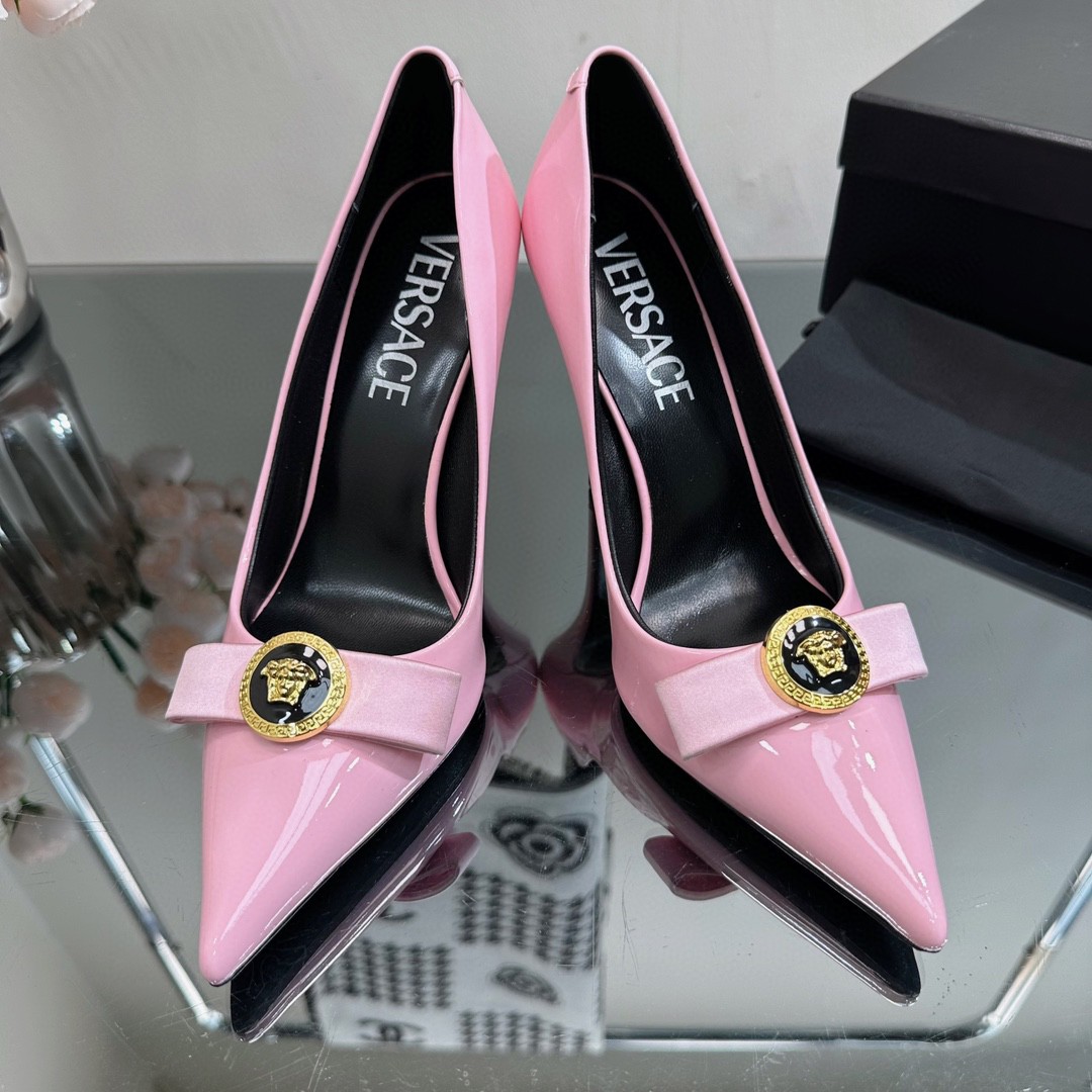 Bagsaaa Versace Gianni Ribbon Patent Pumps Pink 85 mm