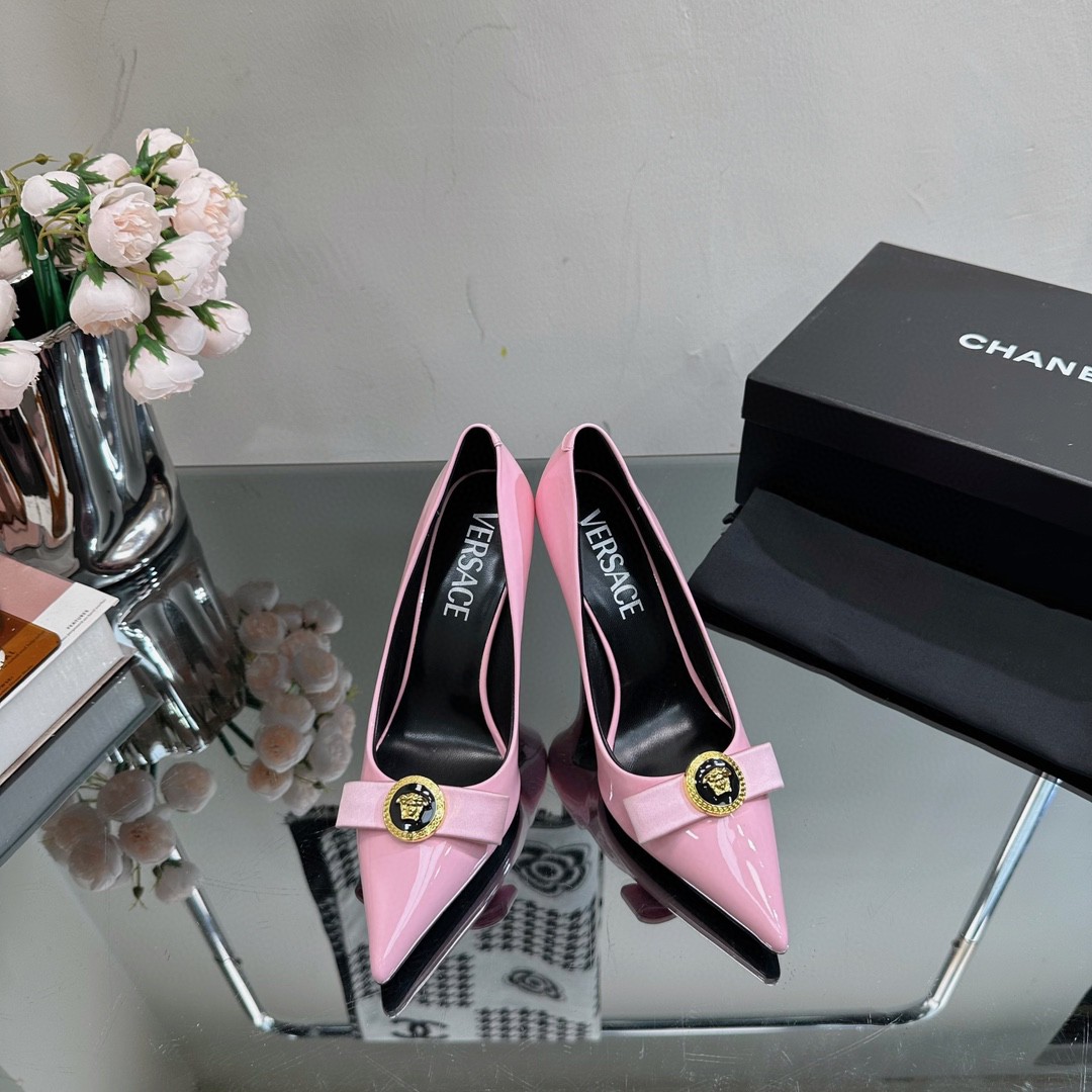 Bagsaaa Versace Gianni Ribbon Patent Pumps Pink 85 mm