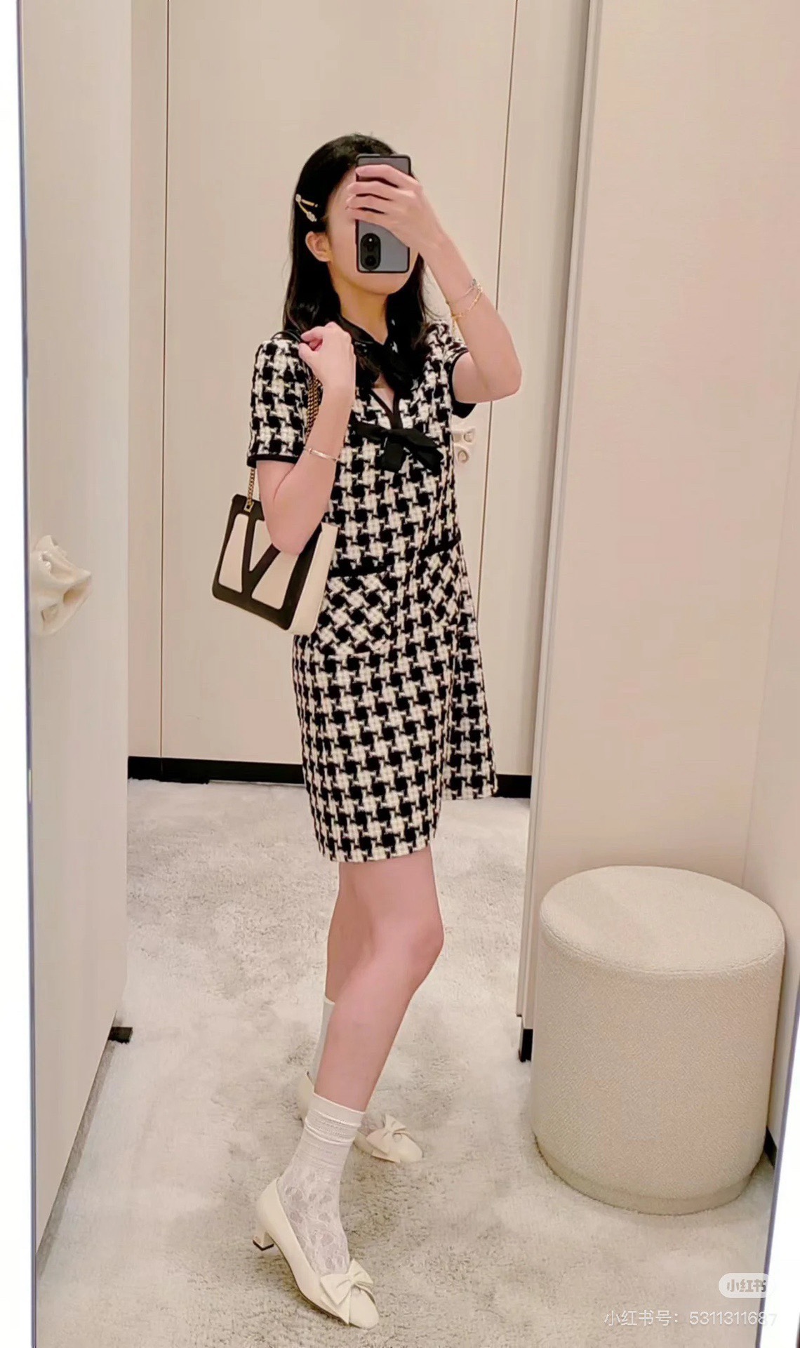 Bagsaaa Va1e*ntin0 Damier Light Tweed Short Dress