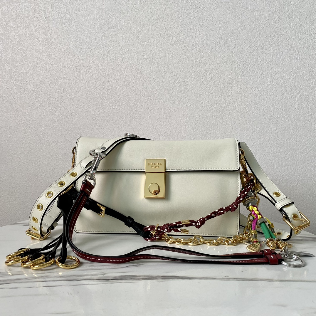 Bagsaaa Pra*a Soft Sound small leather shoulder bag with charms white - 24x13.5x6cm