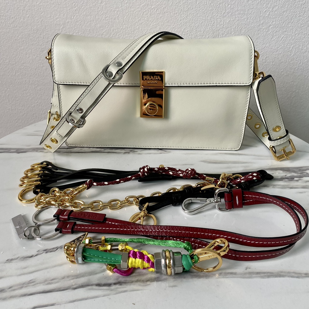 Bagsaaa Pra*a Soft Sound small leather shoulder bag with charms white - 24x13.5x6cm