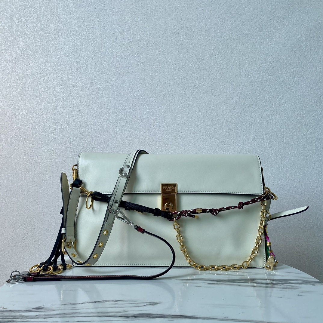 Bagsaaa Pra*a Soft Sound large leather shoulder bag with charms white - 35x19.5x10.5cm