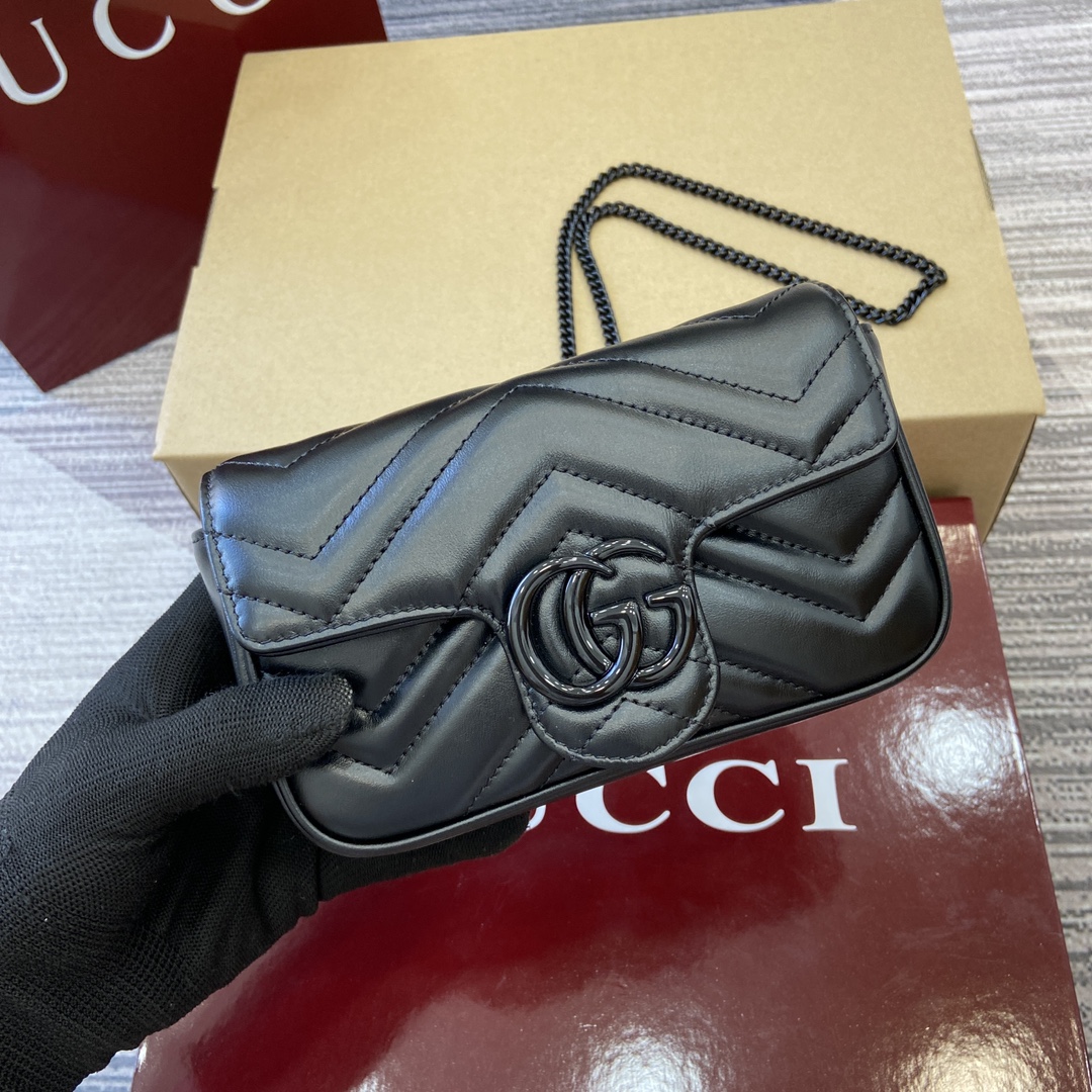 Bagsaaa Gvc*1 GG Marmont S*per Mini Bag 476433 All Black - 16.5x10x4.5cm