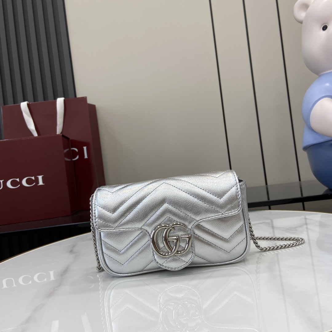 Bagsaaa Gvc*1 GG Marmont S*per Mini Bag 476433 Silver - 16.5x10x4.5cm