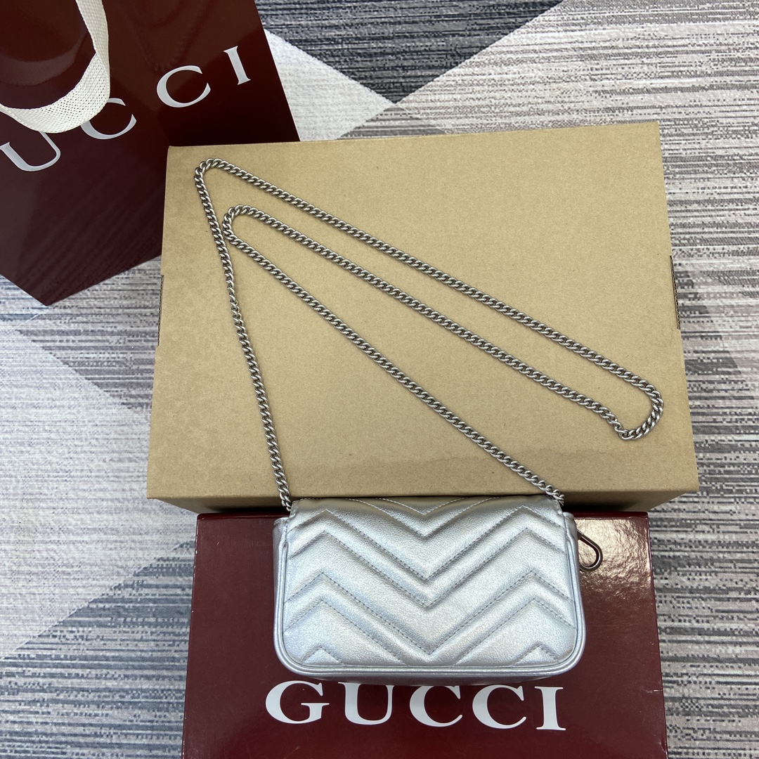 Bagsaaa Gvc*1 GG Marmont S*per Mini Bag 476433 Silver - 16.5x10x4.5cm
