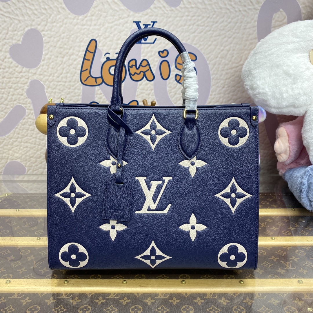 Bagsaaa L0vis Vvtt0n M47084 OnTheGo MM Tote Bag Navy/Cream - 35 x 27 x 14 cm