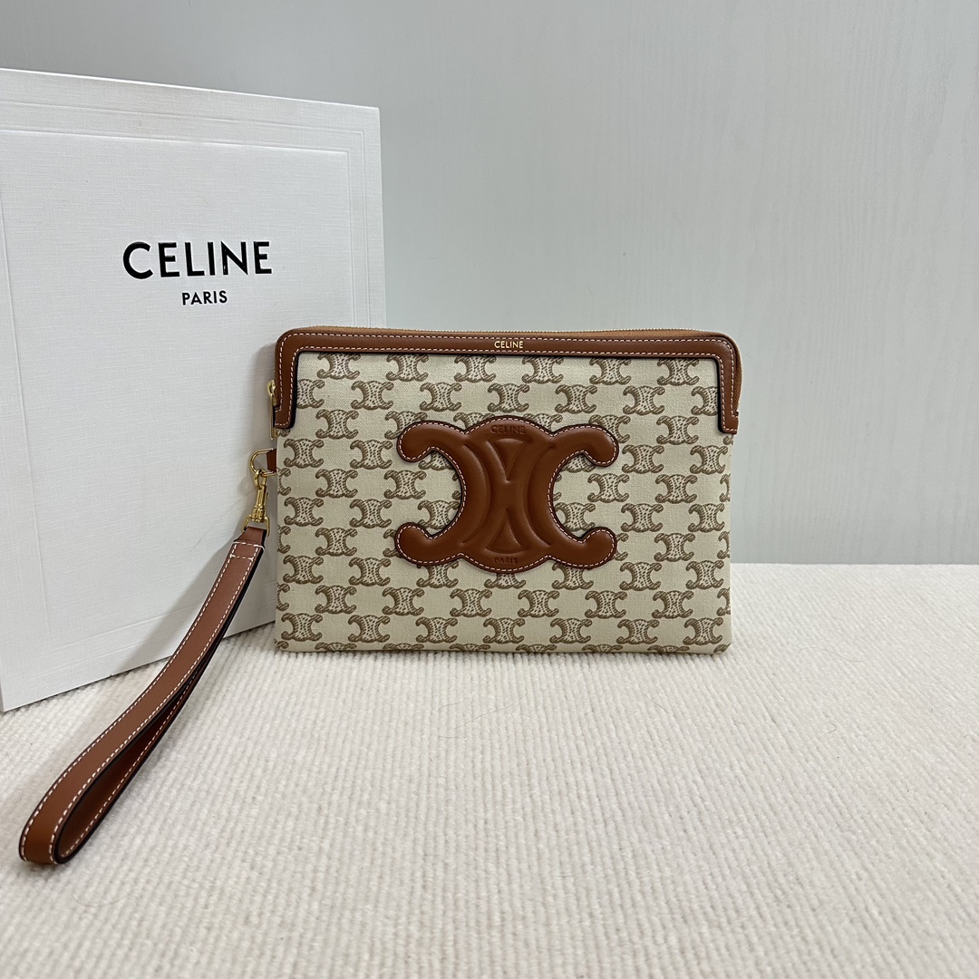 Bagsaaa Ce1i*e Small Pouch With Strap In Textile With Triomphe Print And Calfskin - 25 x 17.5 x 1 CM
