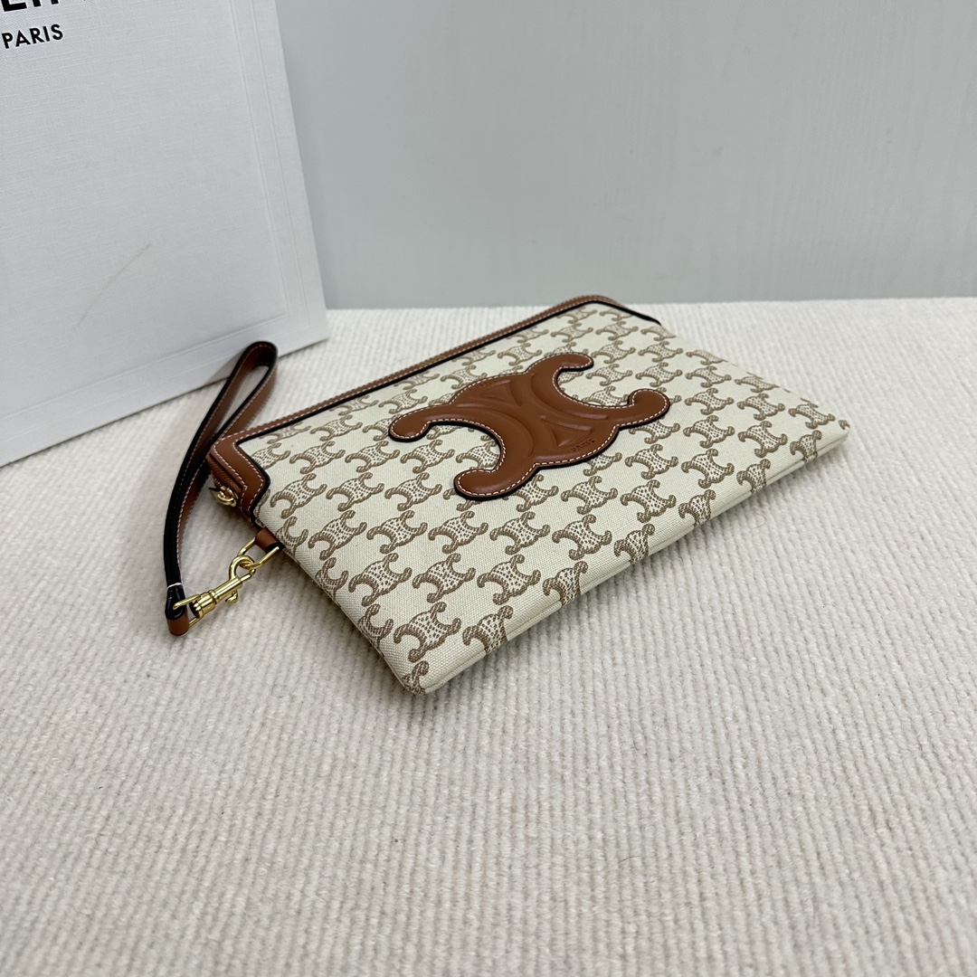 Bagsaaa Ce1i*e Small Pouch With Strap In Textile With Triomphe Print And Calfskin - 25 x 17.5 x 1 CM