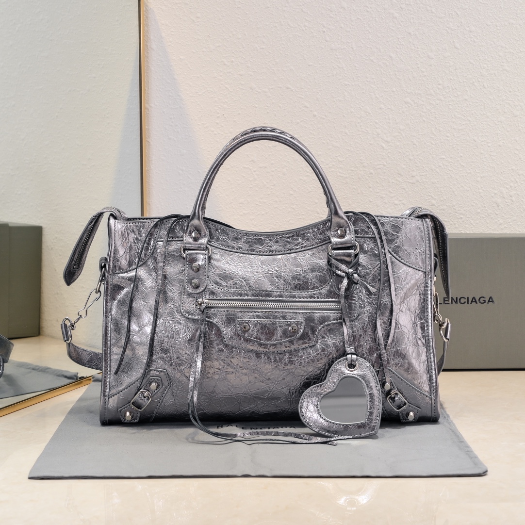 Bagsaaa Ba1en*iaga Le City Medium Bag Metallized in Steel Grey - 38cm*25cm*14cm