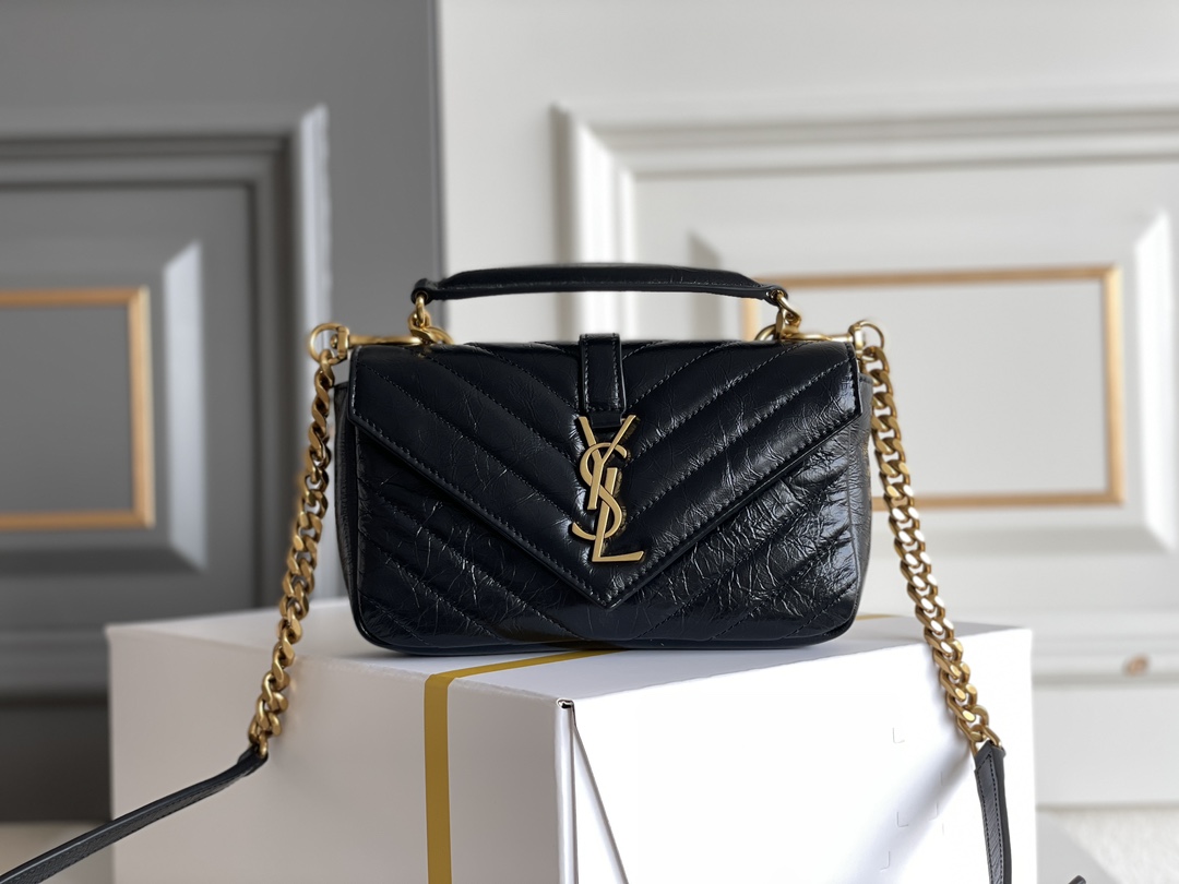 Bagsaaa Y51 College mini chain bag in shiny crackled leather 779430 black - 20 x 13 x 3 CM