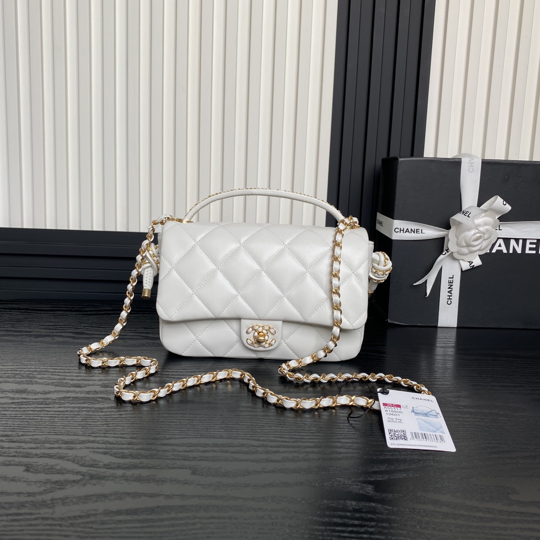 Bagsaaa Ch**el Flap Bag with Top Handle AS5317 White Lambskin - 22 x 24 x 6cm