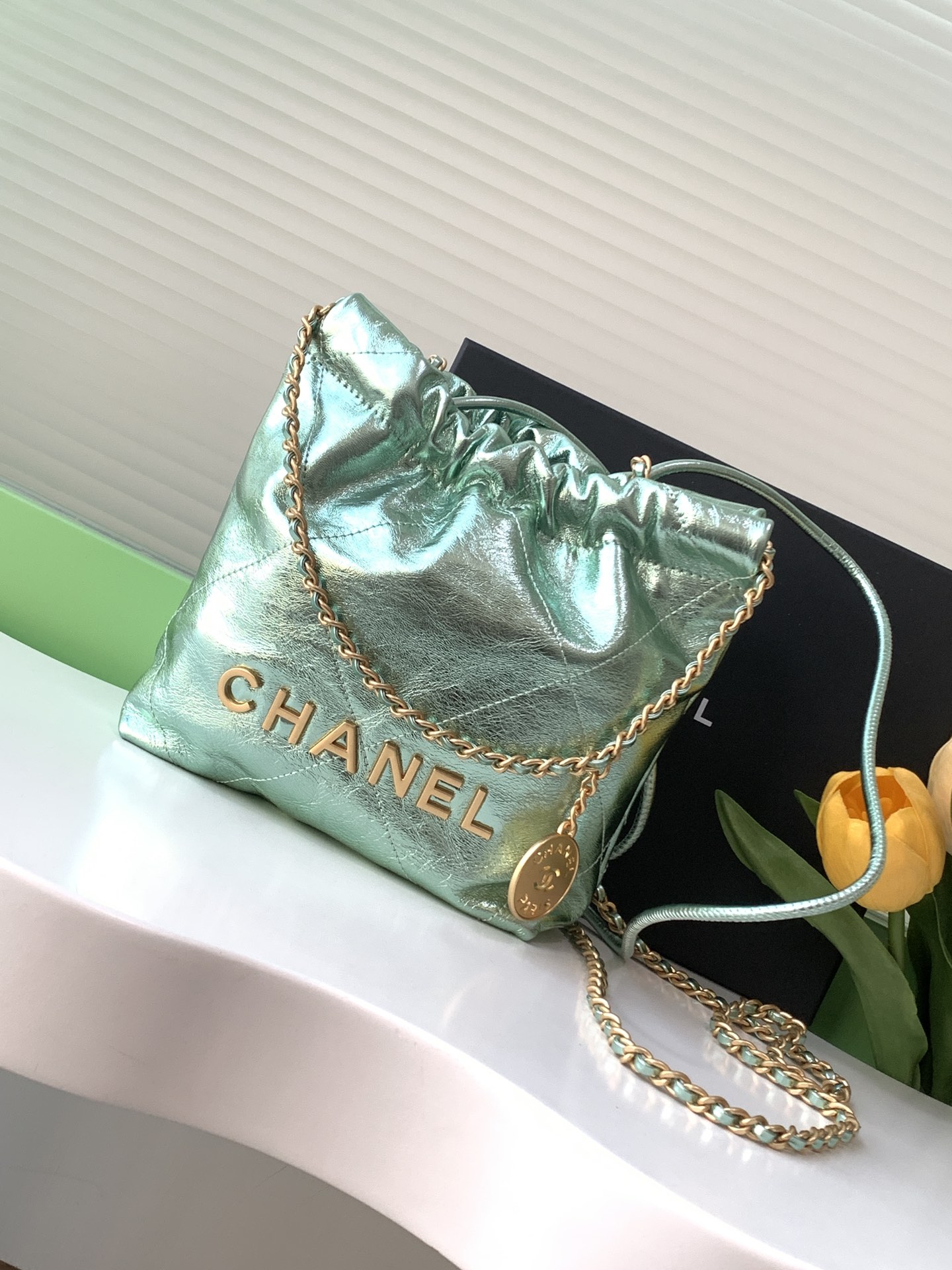 Bagsaaa Ch**el 22 Mini Handbag Metallic Green AS3980 - 20 × 19 × 6 cm