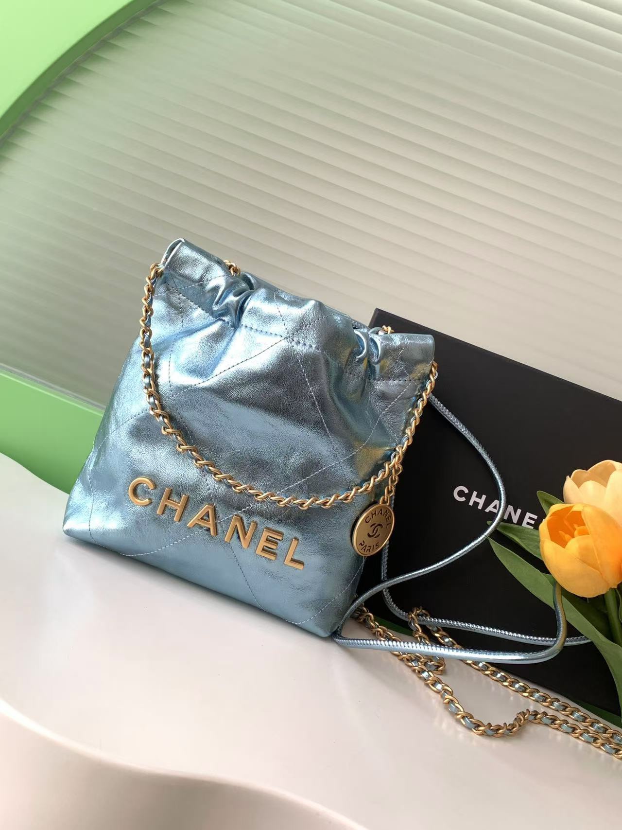 Bagsaaa Ch**el 22 Mini Handbag Metallic Blue AS3980 - 20 × 19 × 6 cm