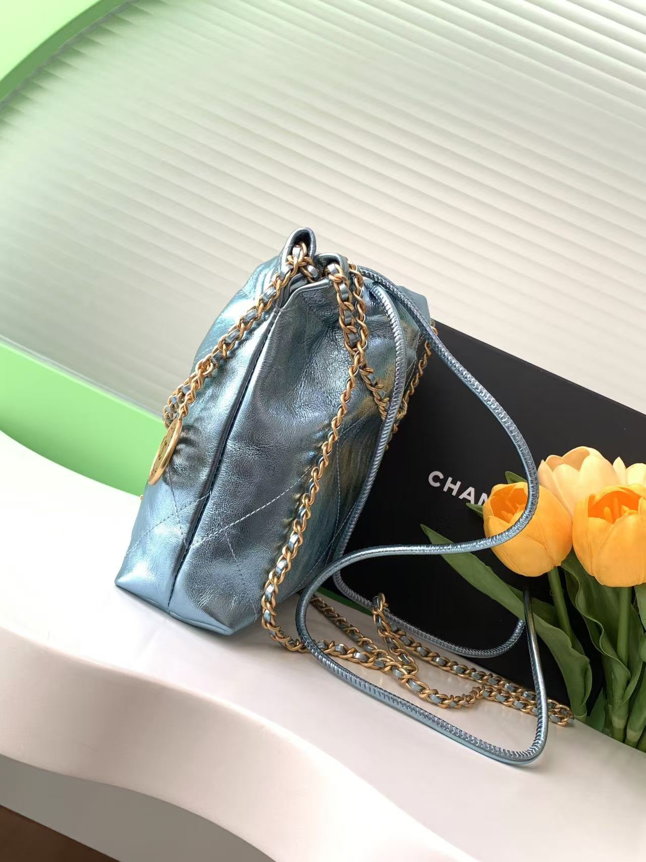Bagsaaa Ch**el 22 Mini Handbag Metallic Blue AS3980 - 20 × 19 × 6 cm
