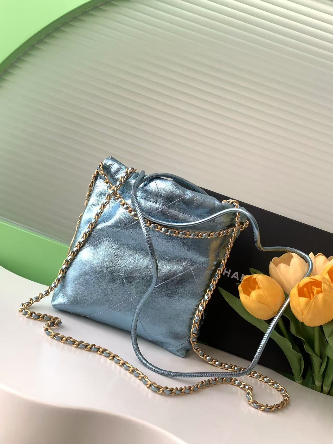 Bagsaaa Ch**el 22 Mini Handbag Metallic Blue AS3980 - 20 × 19 × 6 cm